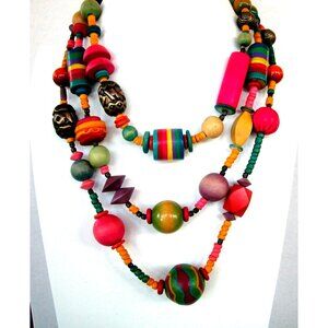 Multicolor Bohemian Style Wooden Beaded Necklace With Metal Accents